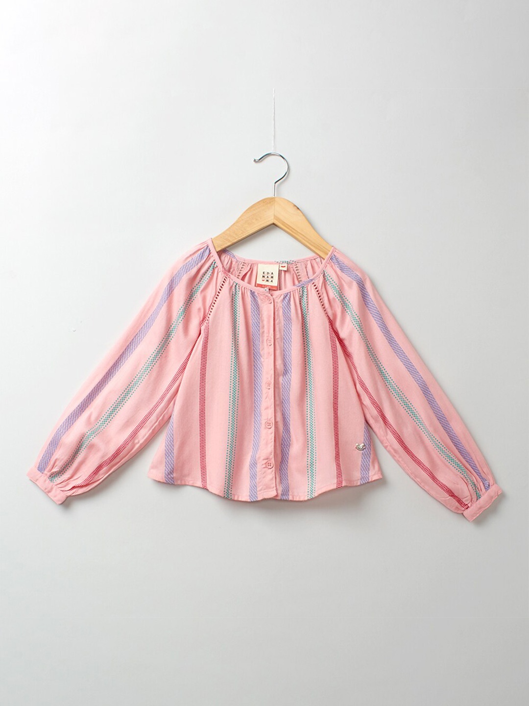 

Ed-a-Mamma Girls Pink & Blue Printed Striped Reglan Top
