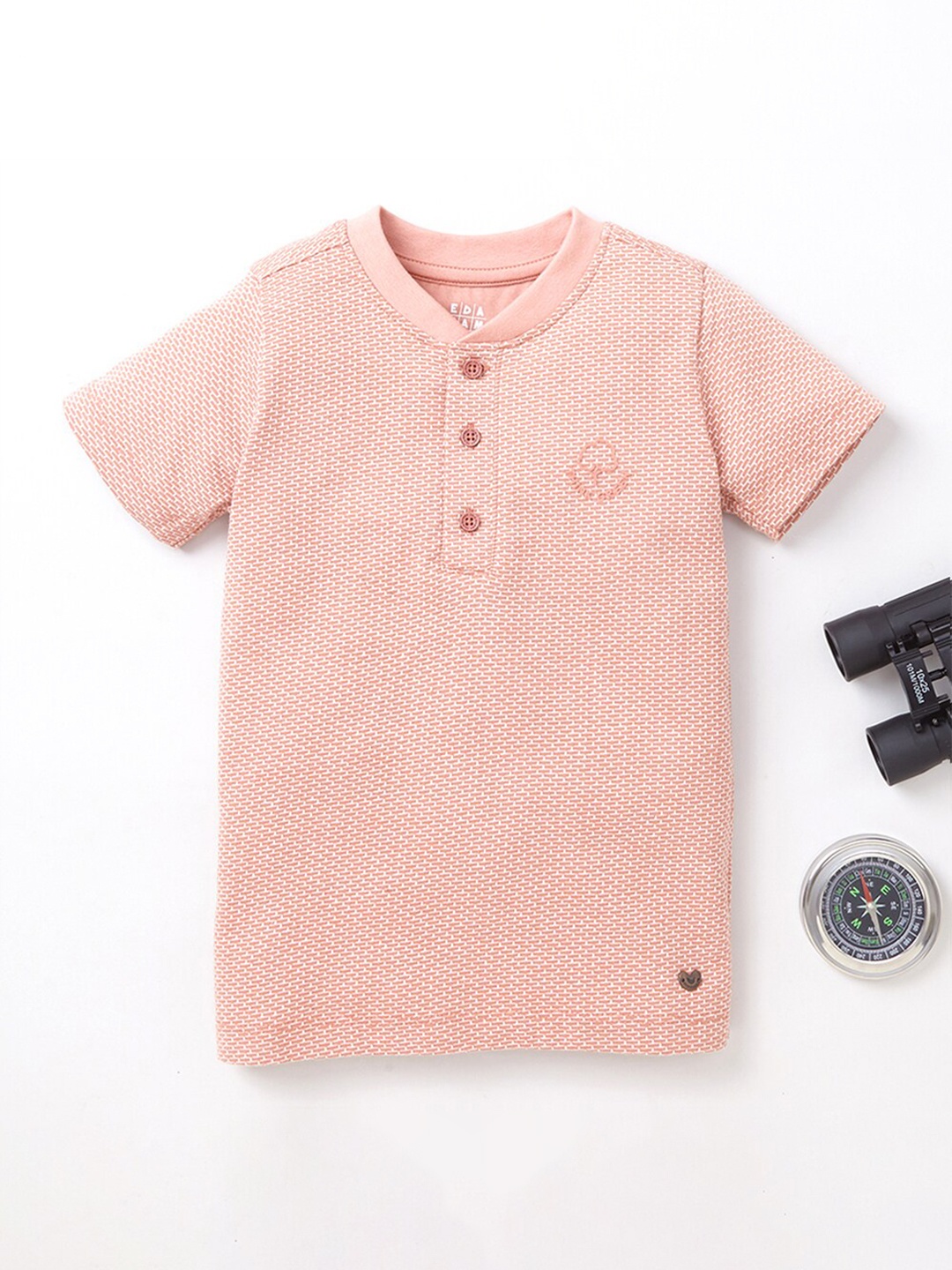 

Ed-a-Mamma Boys Peach-Coloured Sports V-Neck Applique T-shirt