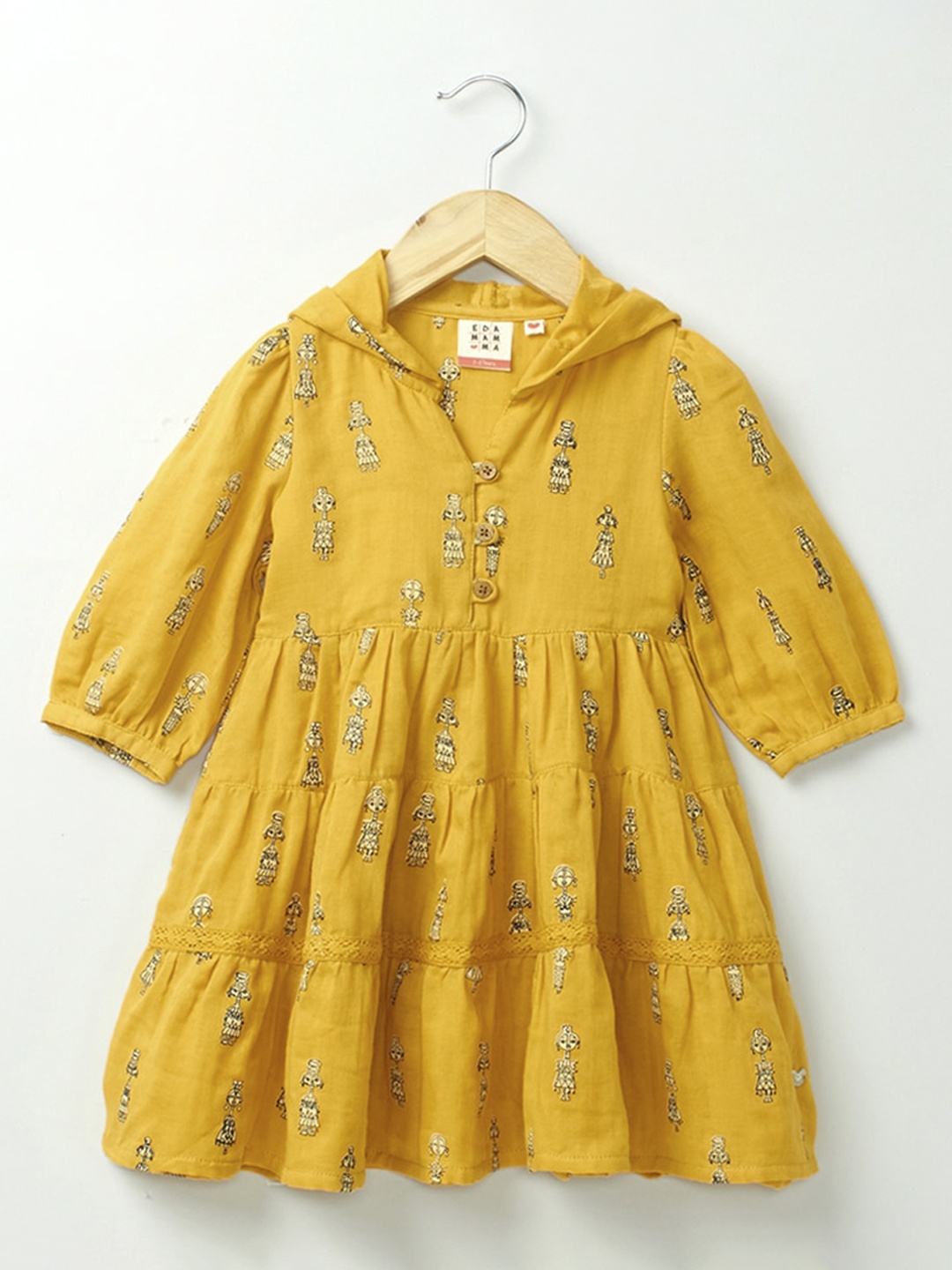 

Ed-a-Mamma Girls Mustard Yellow Ethnic Motifs Printed Hooded Dress