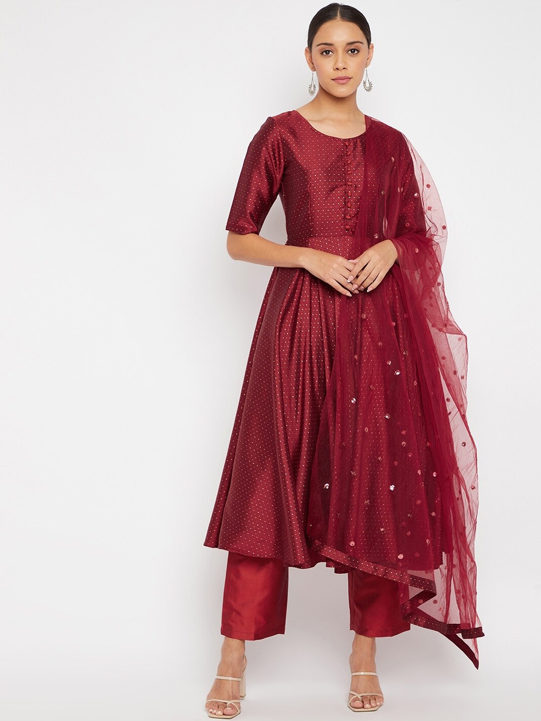 

PANIT Women Maroon Ethnic Motifs Regular Sequinned Kurta with Trousers & Dupatta