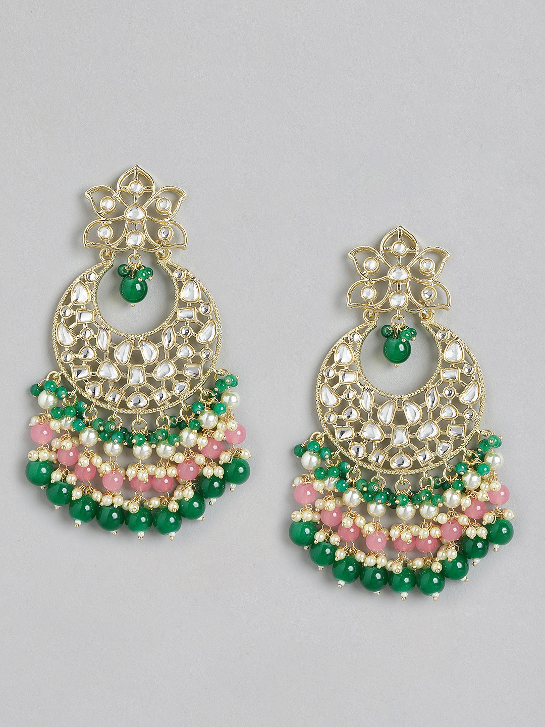 

Melani Borsa Gold-Plated Kundan Green & Pink Classic Chandbalis Earrings