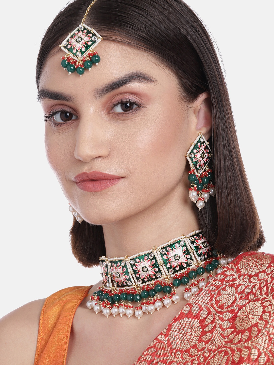 

Melani Borsa Gold-Plated White & Green Kundan-Studded Handcrafted Jewellery Set