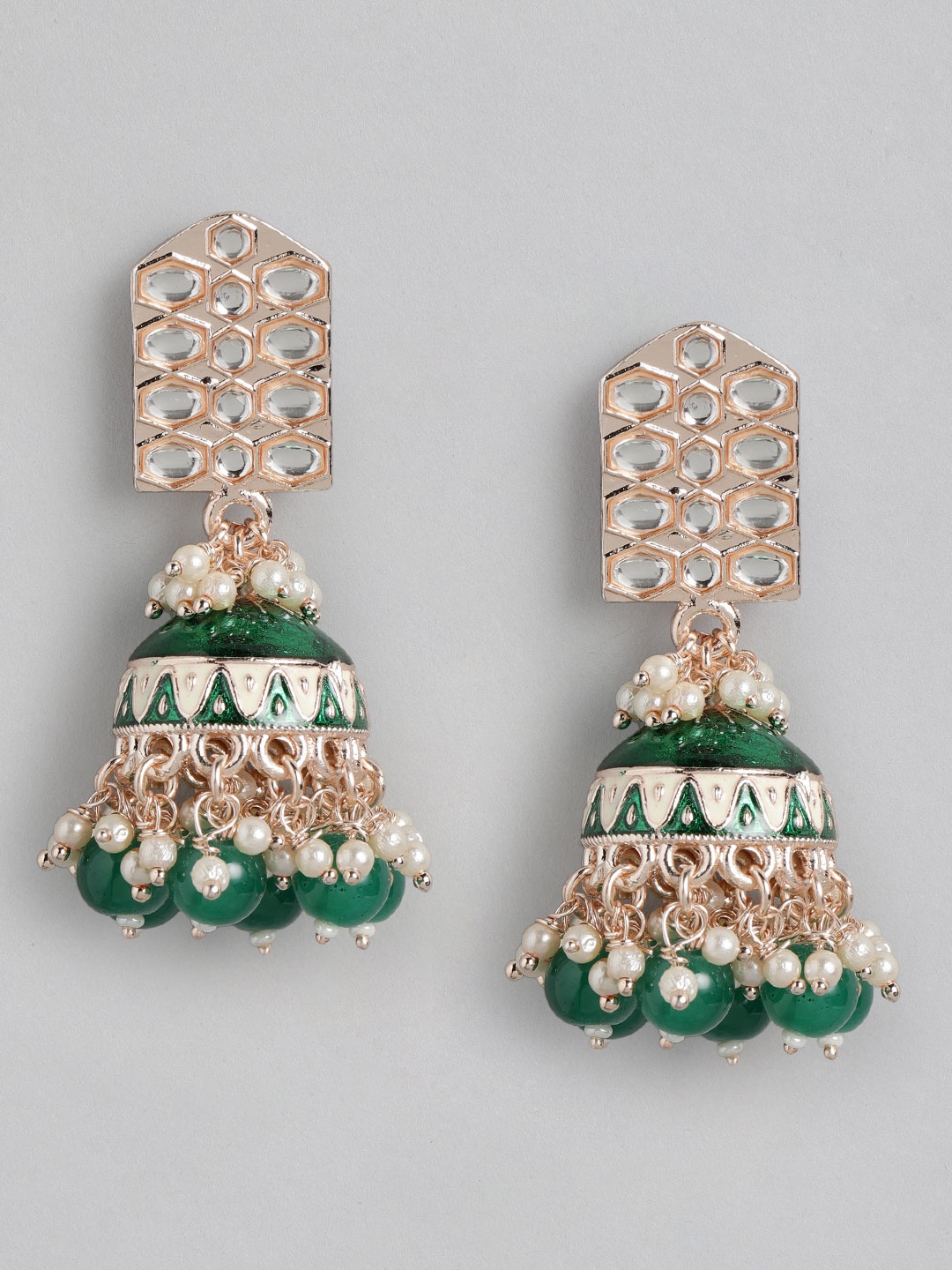 

Melani Borsa Gold-Plated Green Kundan Dome Shaped Jhumkas Earrings
