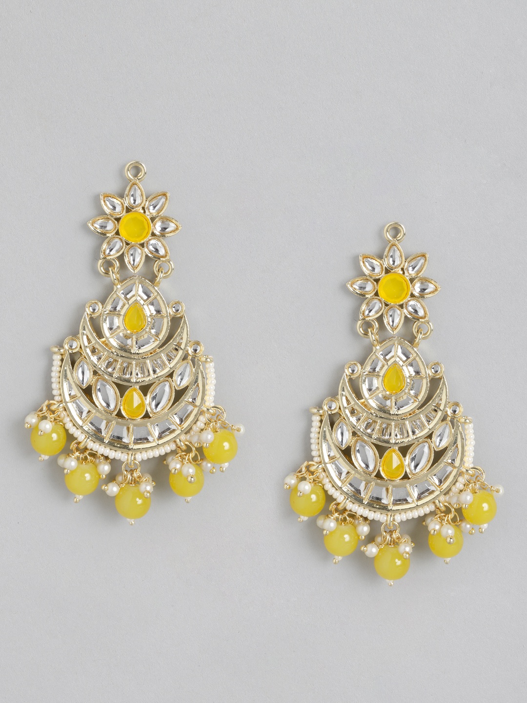 

Melani Borsa Gold-Plated Yellow Kundan Crescent Shaped Chandbalis Earrings