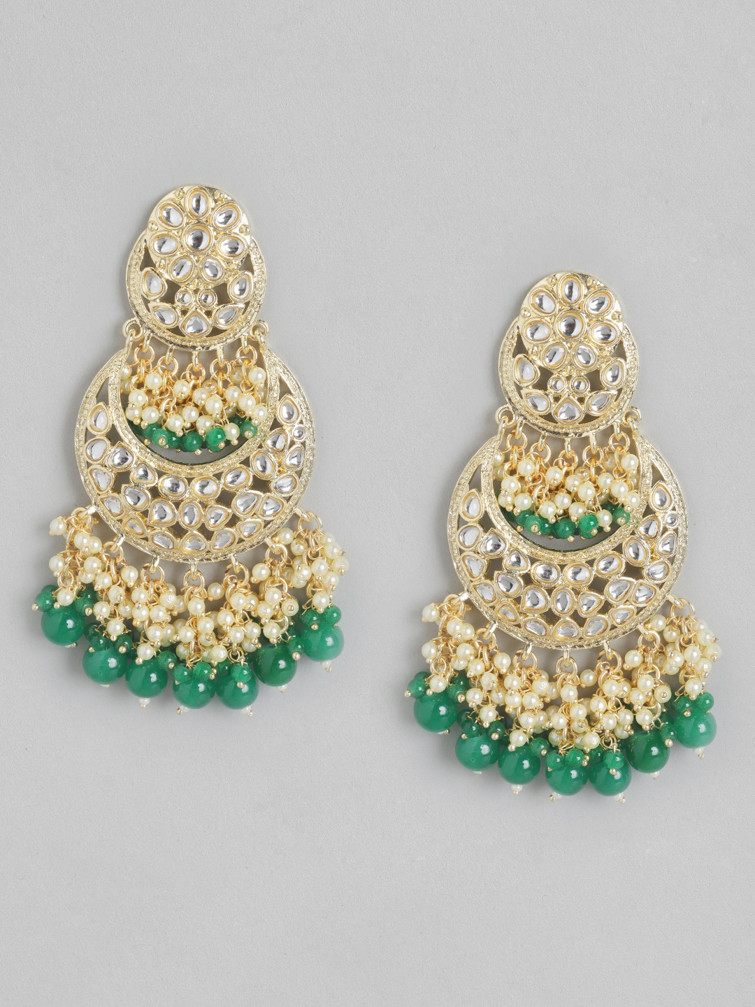 

Melani Borsa Gold-Plated Green Kundan Crescent Shaped Chandbalis Earrings
