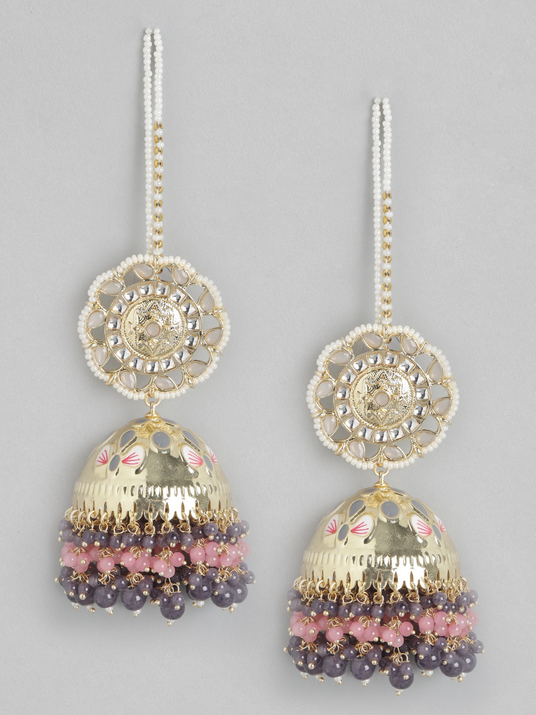 

Melani Borsa Gold-Plated Grey Kundan Dome Shaped Jhumkas Earrings
