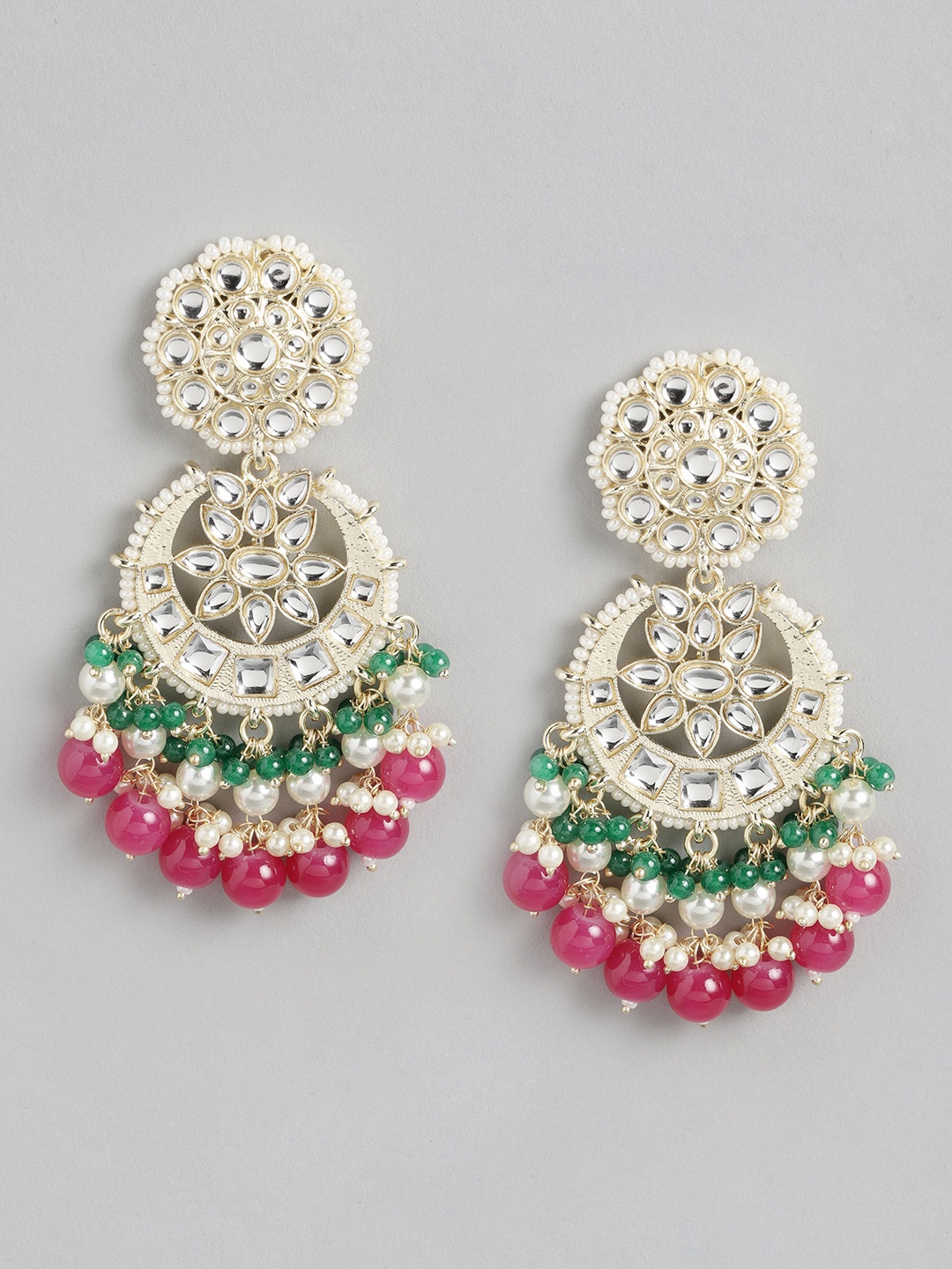 

Melani Borsa Gold-Plated Magenta & Green Kundan Circular Drop Earrings