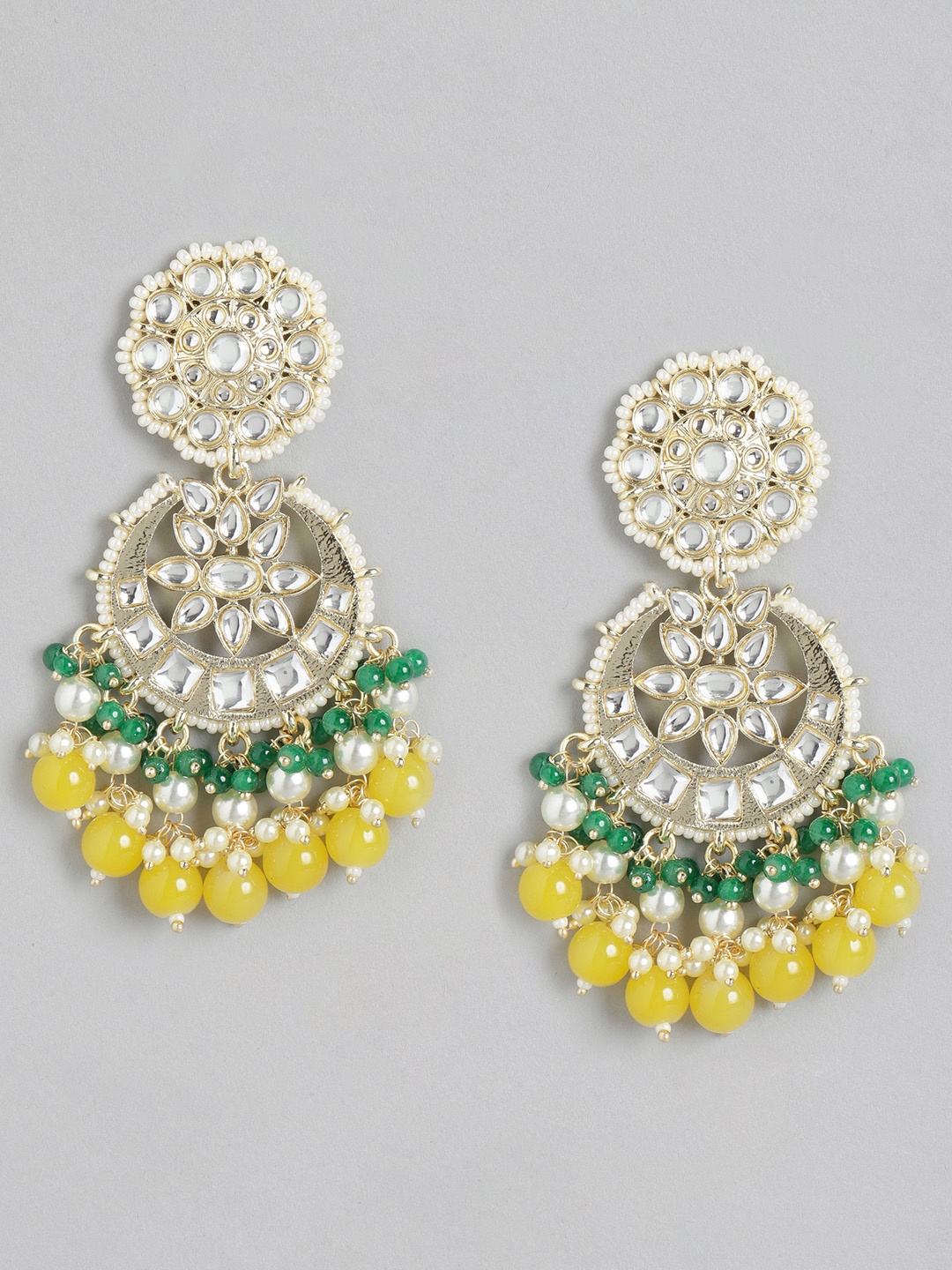 

Melani Borsa Gold-Plated Yellow & Green Kundan Crescent Shaped Chandbalis Earrings