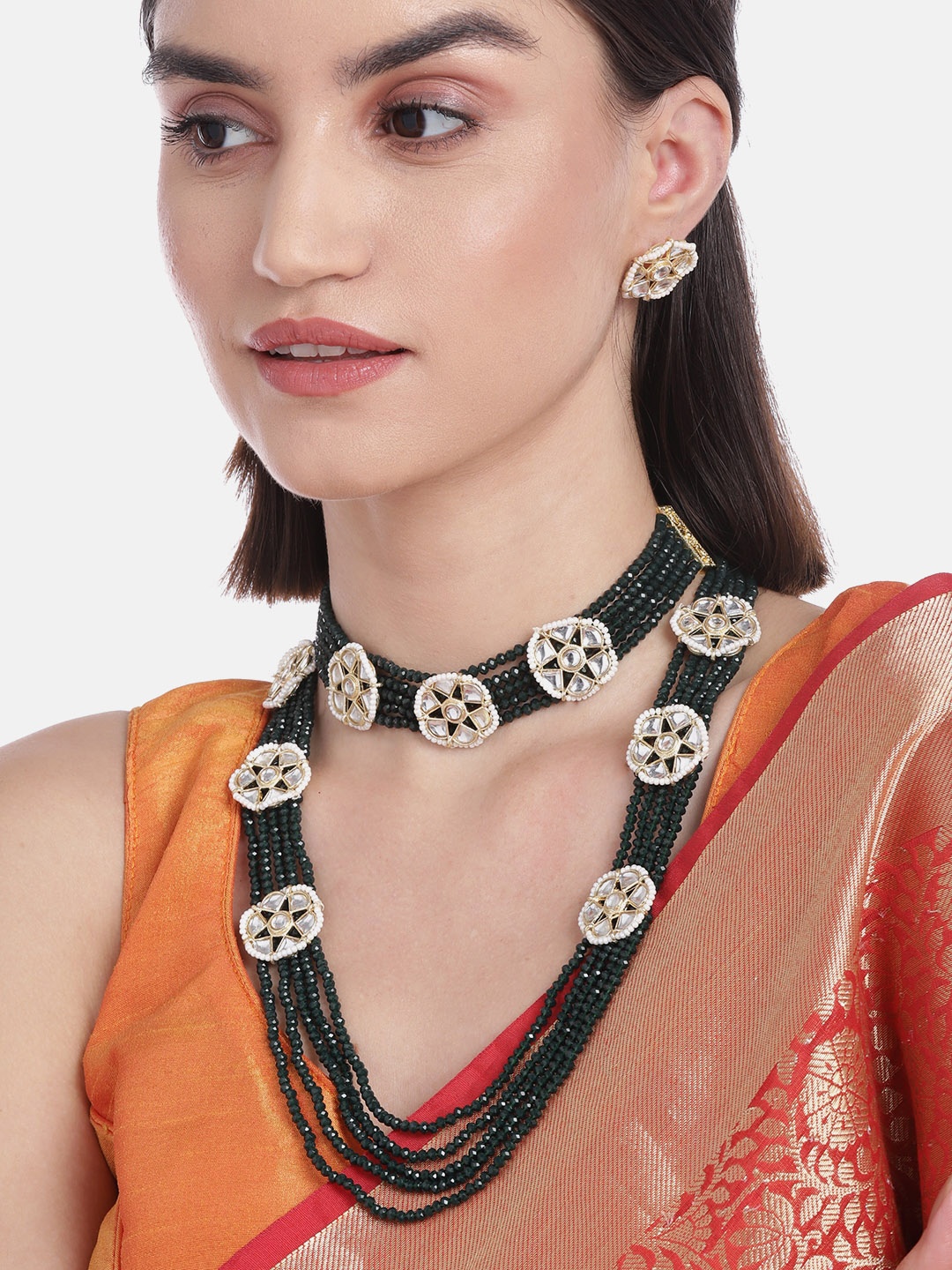 

Melani Borsa Women Green Gold-Plated Brass Kundan Studded Layered Jewellery Set