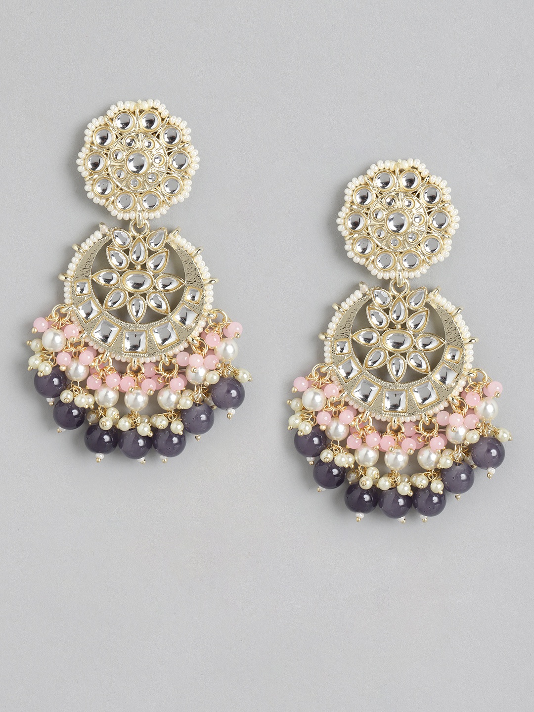 

Melani Borsa Gold-Plated Grey & Pink Kundan Crescent Shaped Chandbalis Earrings
