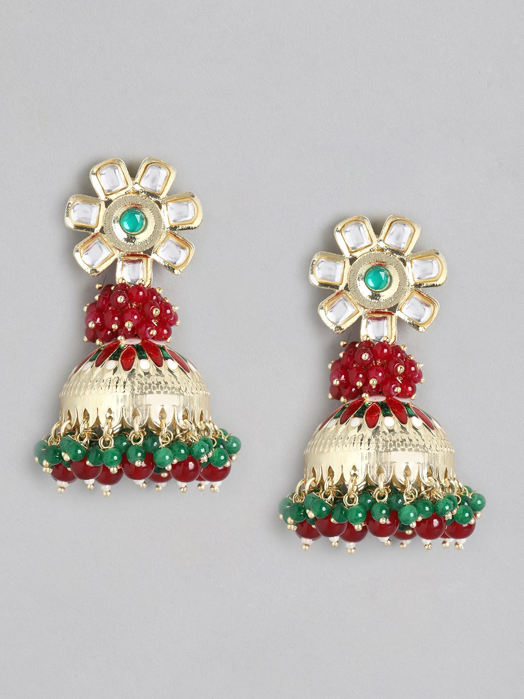 

Melani Borsa Gold-Plated Red & Green Kundan Dome Shaped Jhumkas Earrings