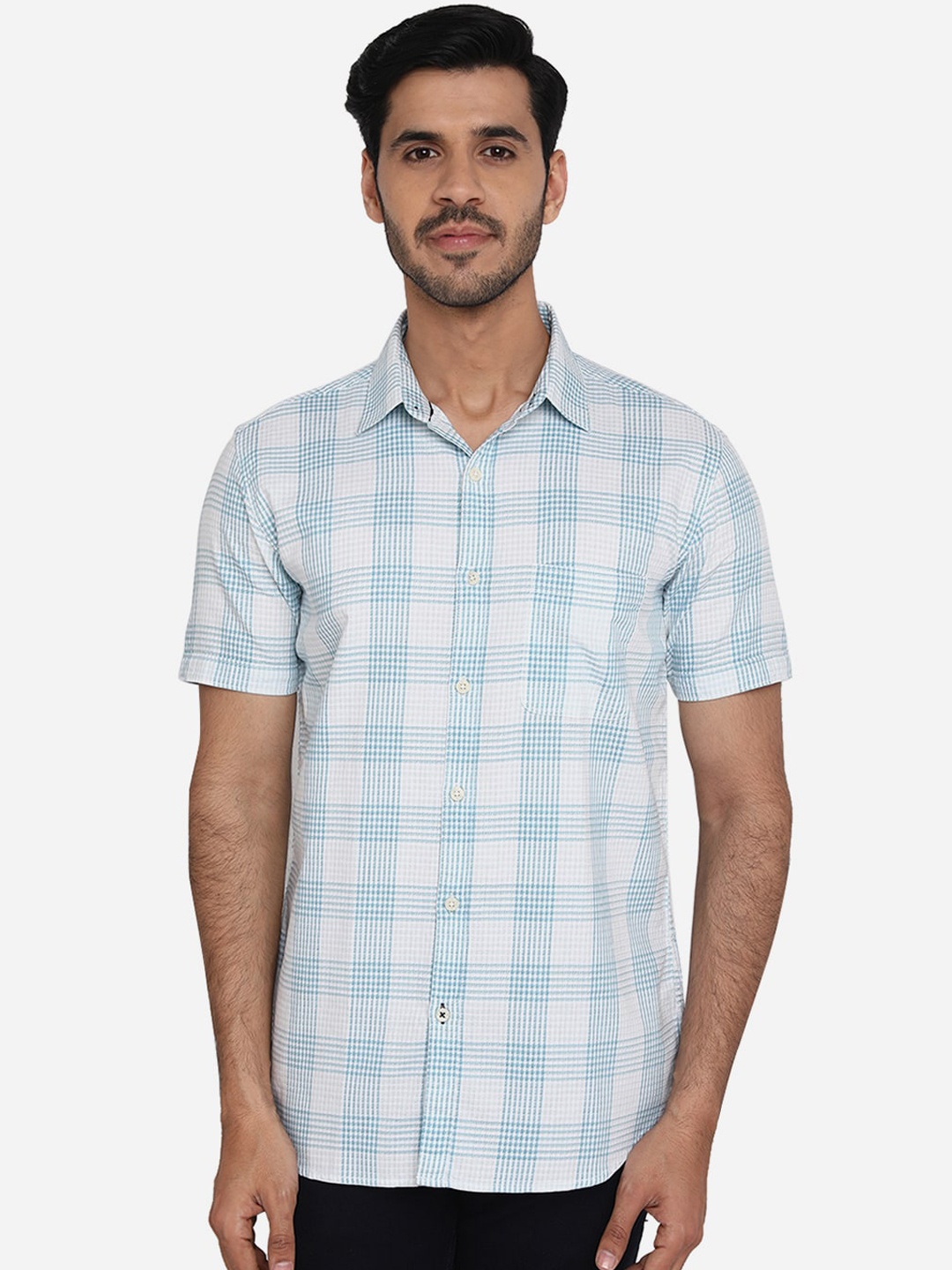 

JADE BLUE Men Blue Slim Fit Checked Pure Cotton Casual Shirt