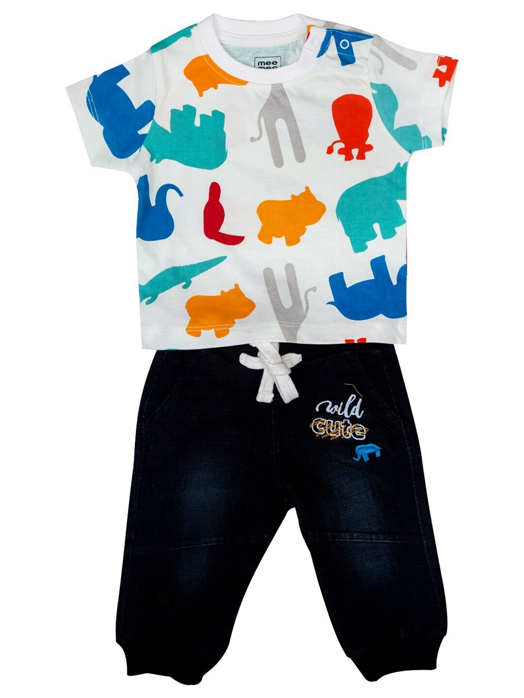 

MeeMee Boys Printed T-shirt & Denim Pants Set, White