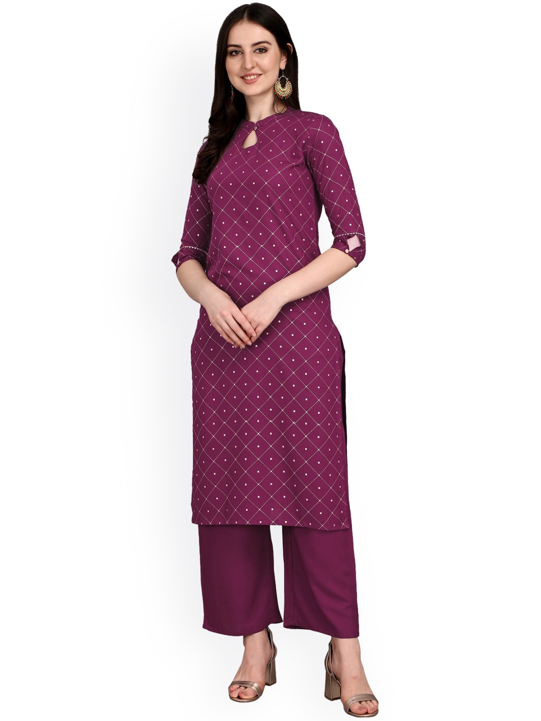 

SANISA Women Purple Ethnic Motifs Checked Keyhole Neck Thread Work Kurta