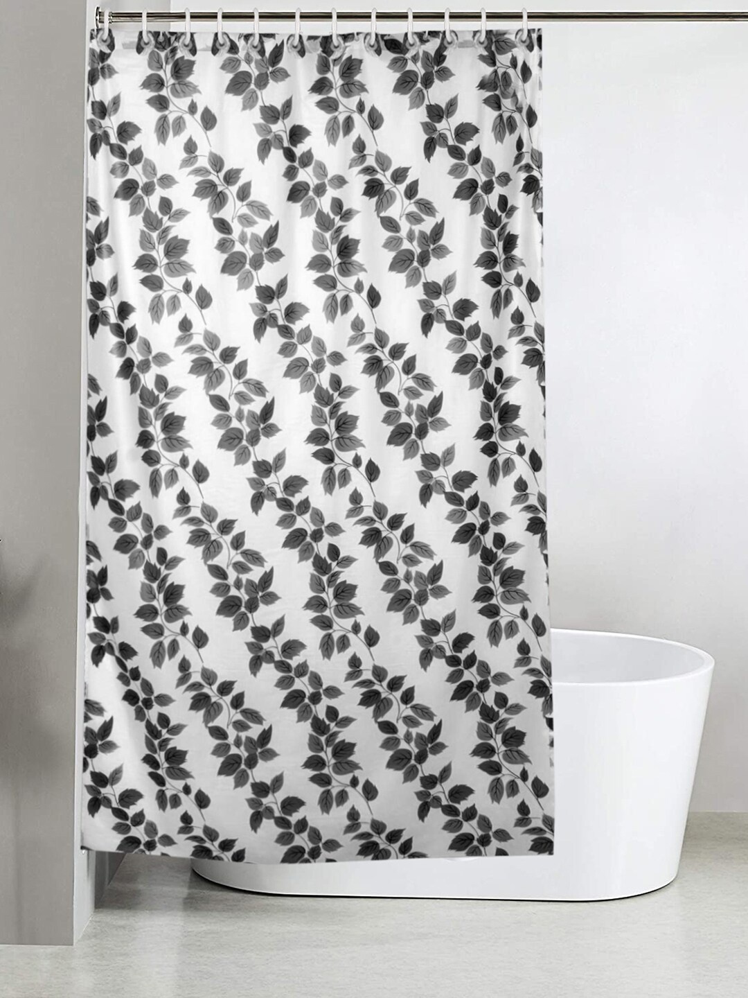 

Kuber Industries Grey & White Leaf Printed Waterproof Shower Curtain