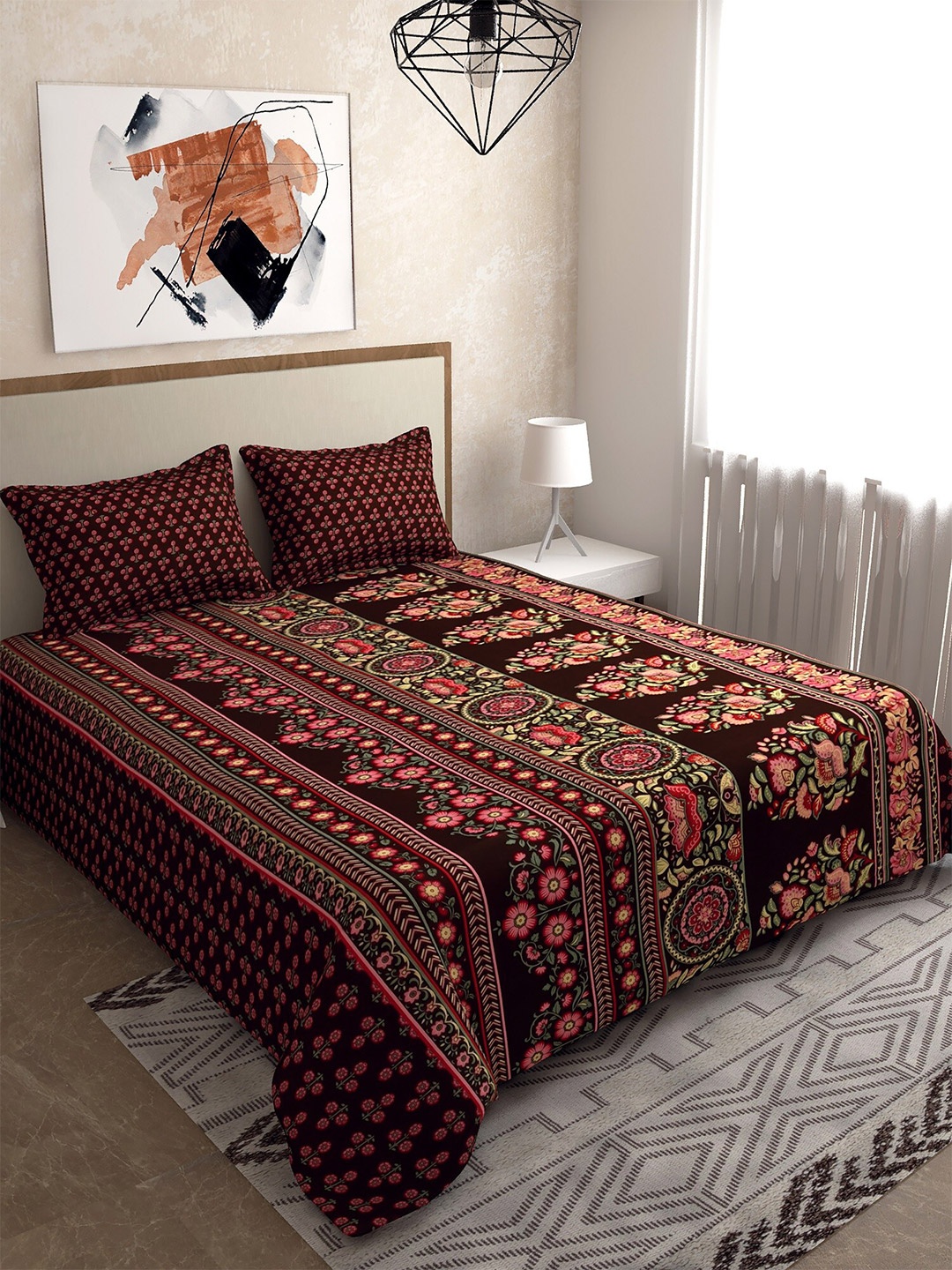

Salona Bichona Brown & Orange Printed Pure Cotton 120 TC Queen Bedsheet 2 Pillow Covers