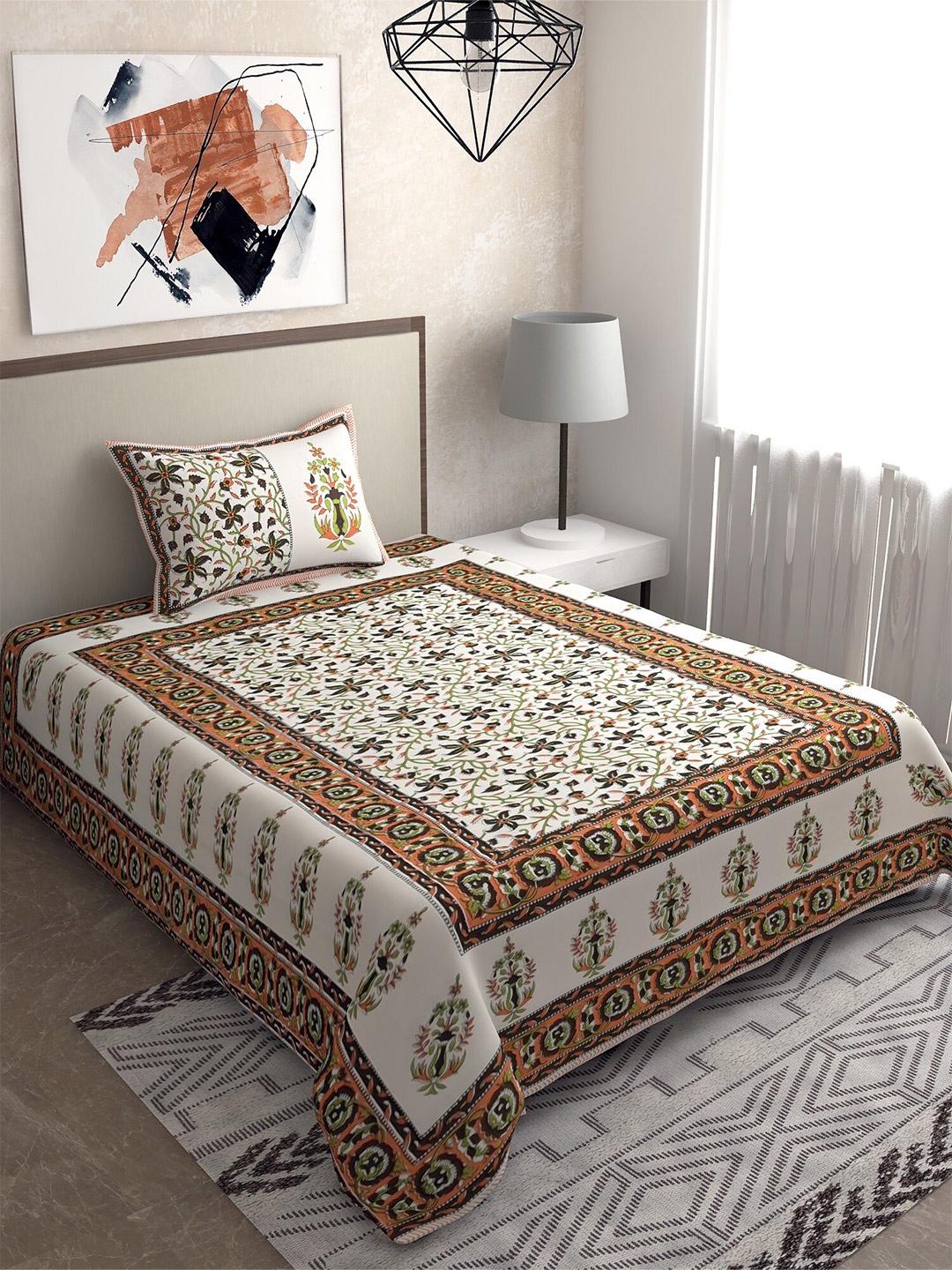 

Salona Bichona Brown & Off White 120 TC Cotton Jaipuri Single Bedsheet with 1 Pillow Cover