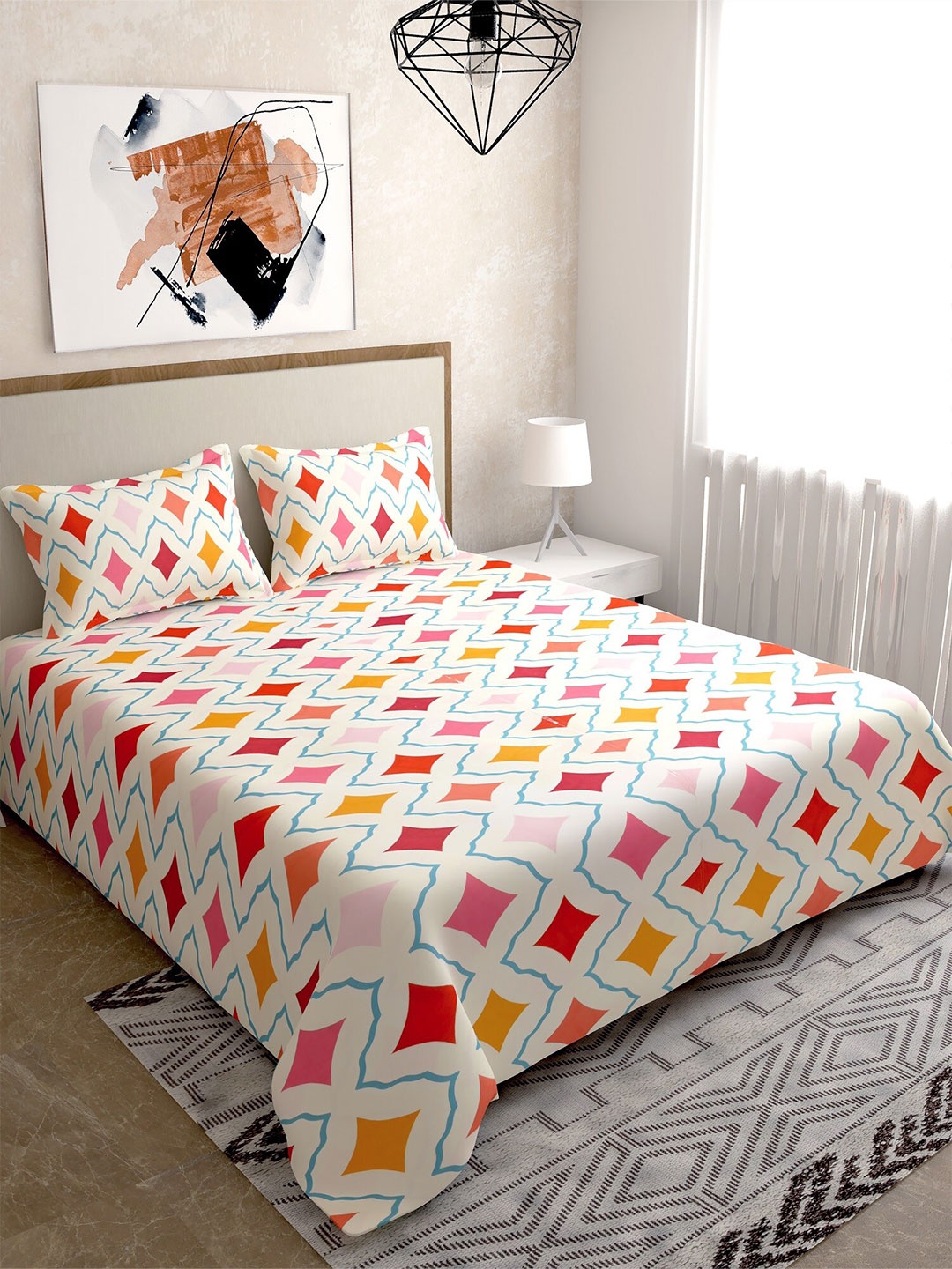 

Salona Bichona Off White & Red Geometric 144 TC Queen Bedsheet with 2 Pillow Covers