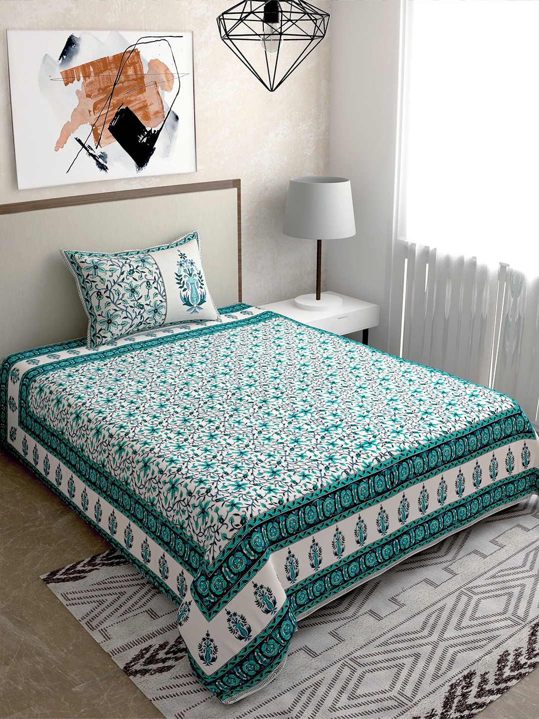 

Salona Bichona Green & White Ethnic Motifs 120 TC Single Bedsheet with 1 Pillow Covers