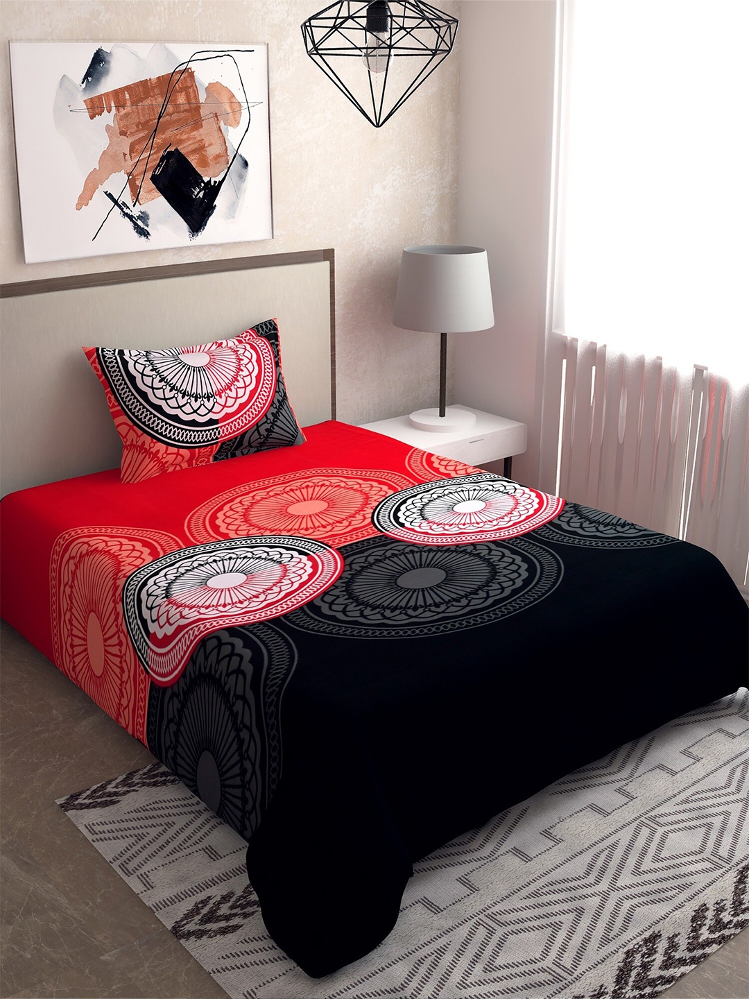 

Salona Bichona Black & Red Pure Cotton 120 TC Single Bedsheet with 1 Pillow Covers