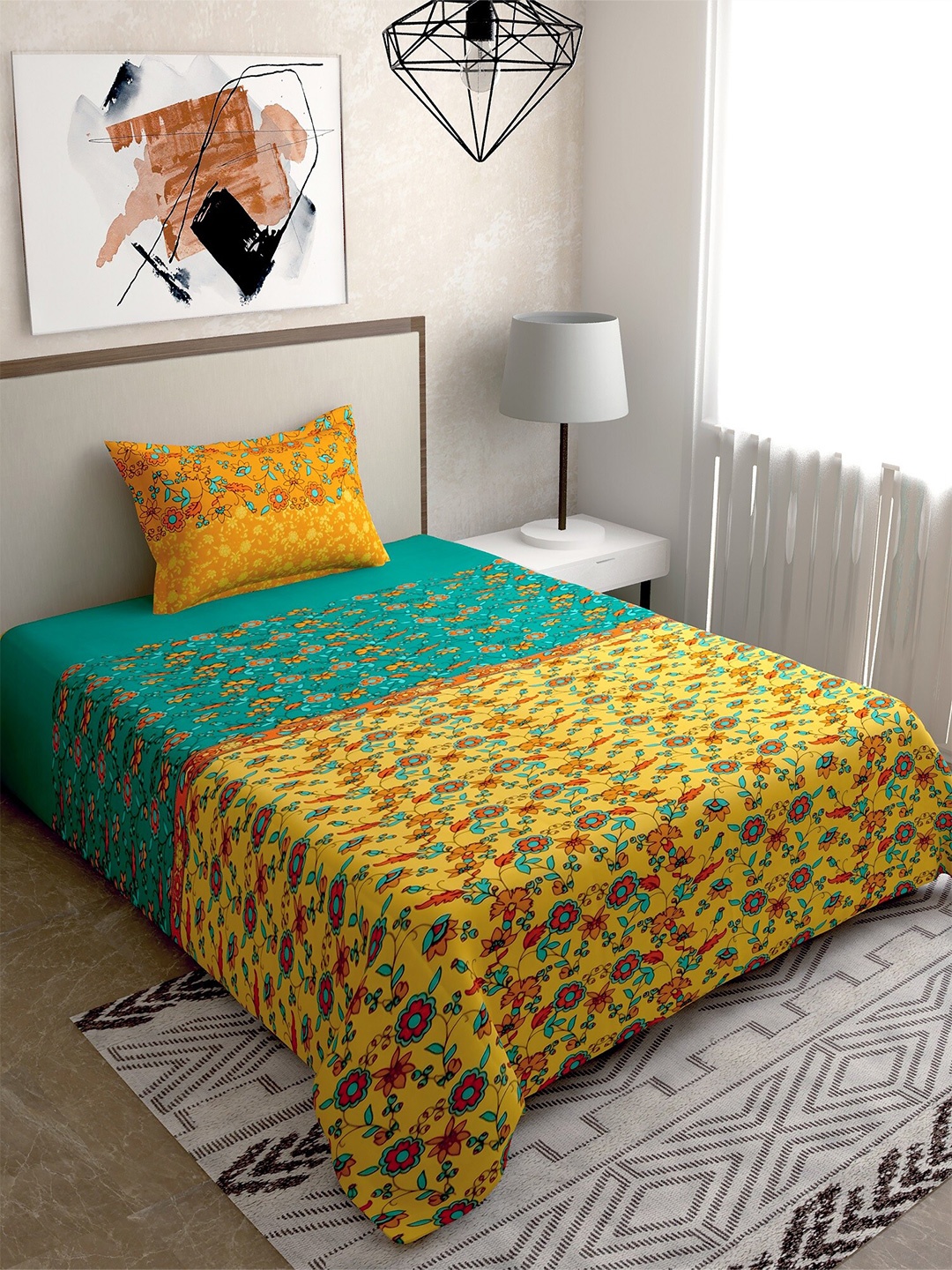 

Salona Bichona Green & Yellow Floral 120 TC Cotton Single Bedsheet with 1 Pillow Cover