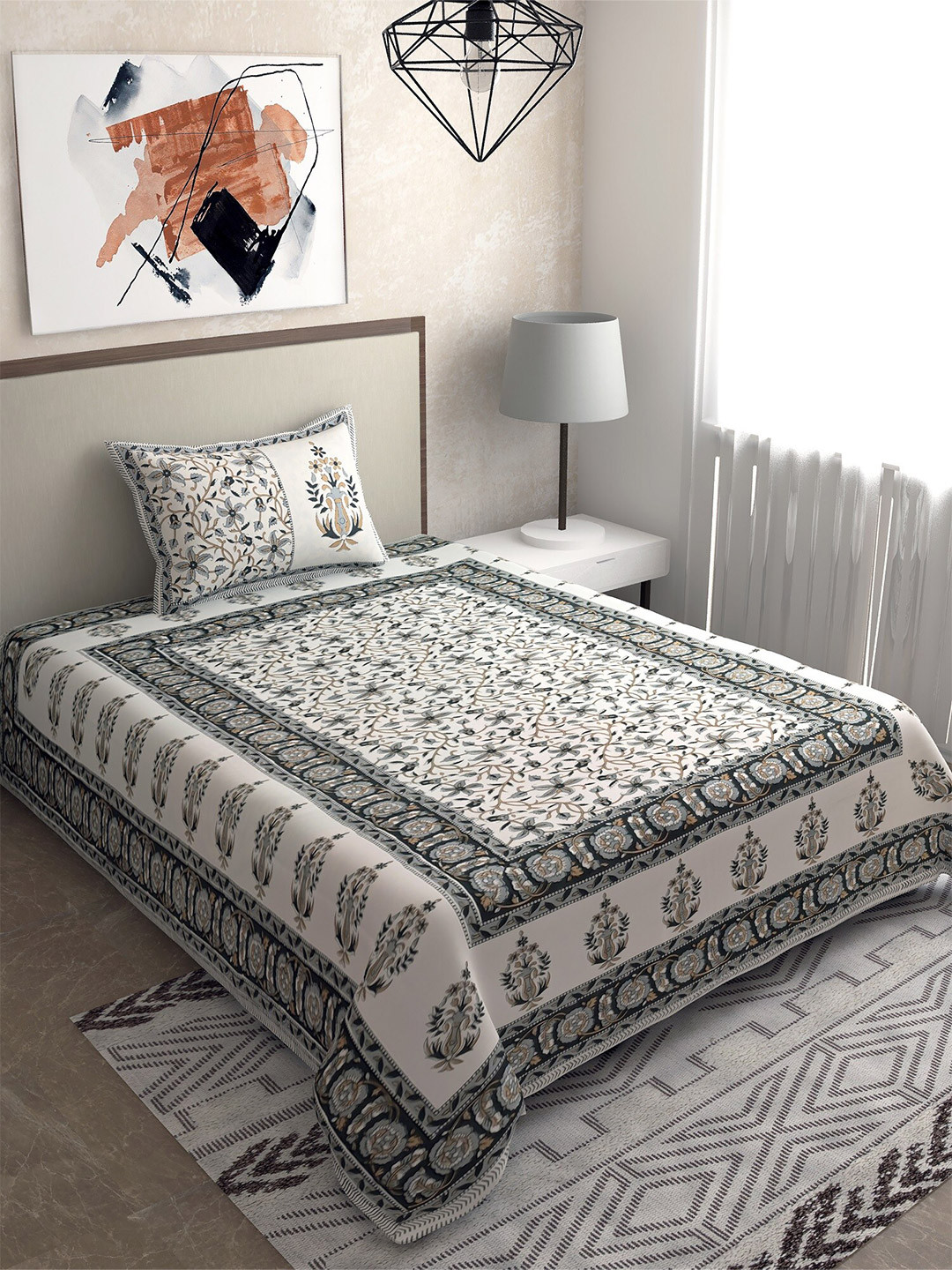 

Salona Bichona Grey & Beige Ethnic Motifs 120 TC Single Bedsheet with 1 Pillow Covers