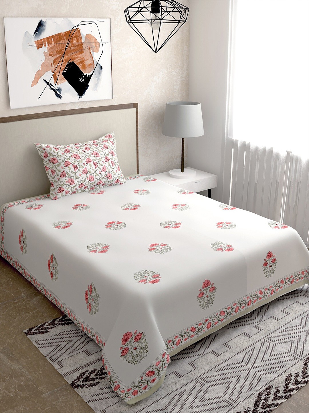 

Salona Bichona White & Pink Ethnic Motifs 144 TC Single Bedsheet with 1 Pillow Covers