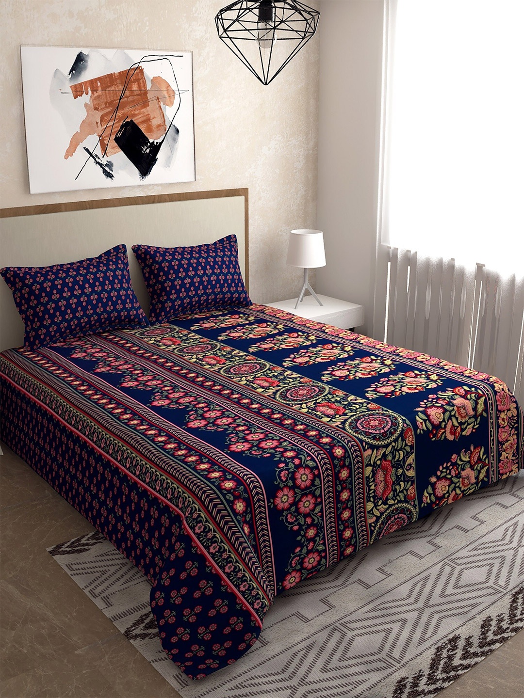 

Salona Bichona Blue & Red 120 TC Queen Bedsheet with 2 Pillow Covers