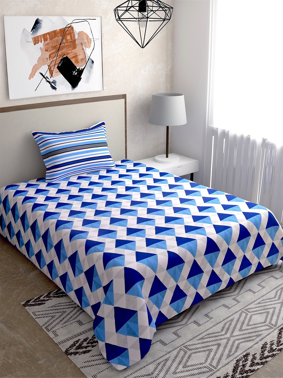 

Salona Bichona Blue & White Geometric 104 TC Single Bedsheet with 1 Pillow Covers