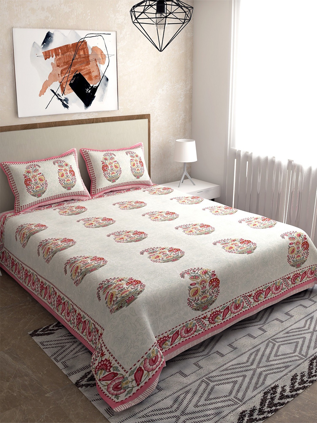

Salona Bichona Pink & Brown Pure Cotton 144 TC Queen Bedsheet with 2 Pillow Covers