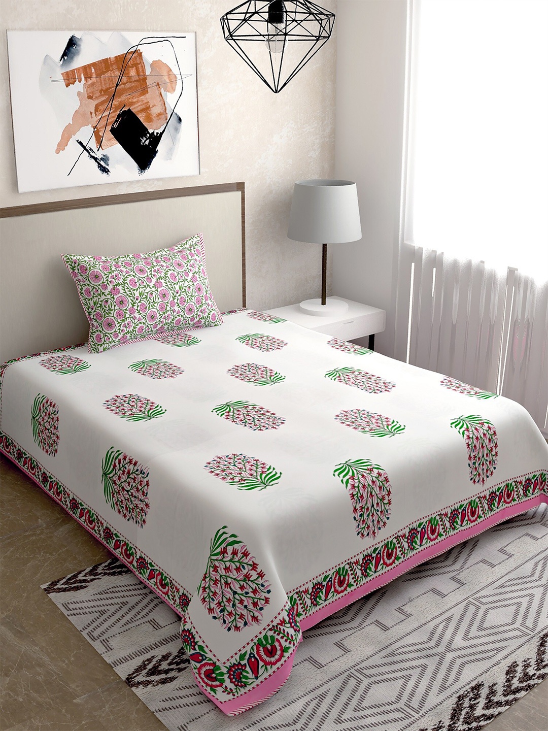 

Salona Bichona White & Pink Motifs 144 TC Pure Cotton Single Bedsheet with 1 Pillow Cover