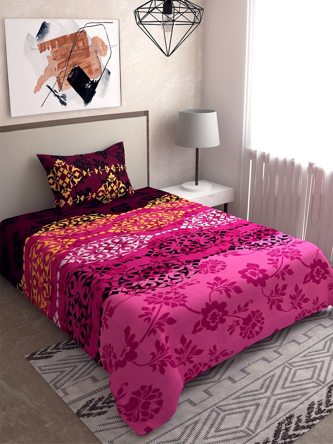 

Salona Bichona Pink & Black Ethnic Motifs 120 TC Single Bedsheet with 1 Pillow Covers