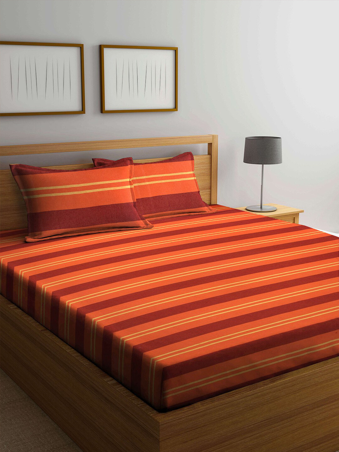 

Arrabi Orange & Yellow Striped 300 TC Super King Cotton Bedsheet with 2 Pillow Covers