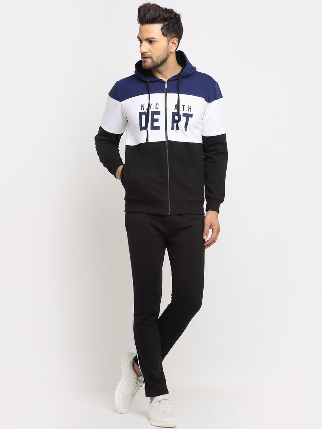 

WILD WEST Men Black & Navy Blue Colourblocked Cotton Tracksuit