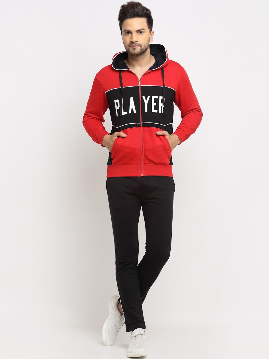 

WILD WEST Men Red & Black Colourblocked Cotton Tracksuit