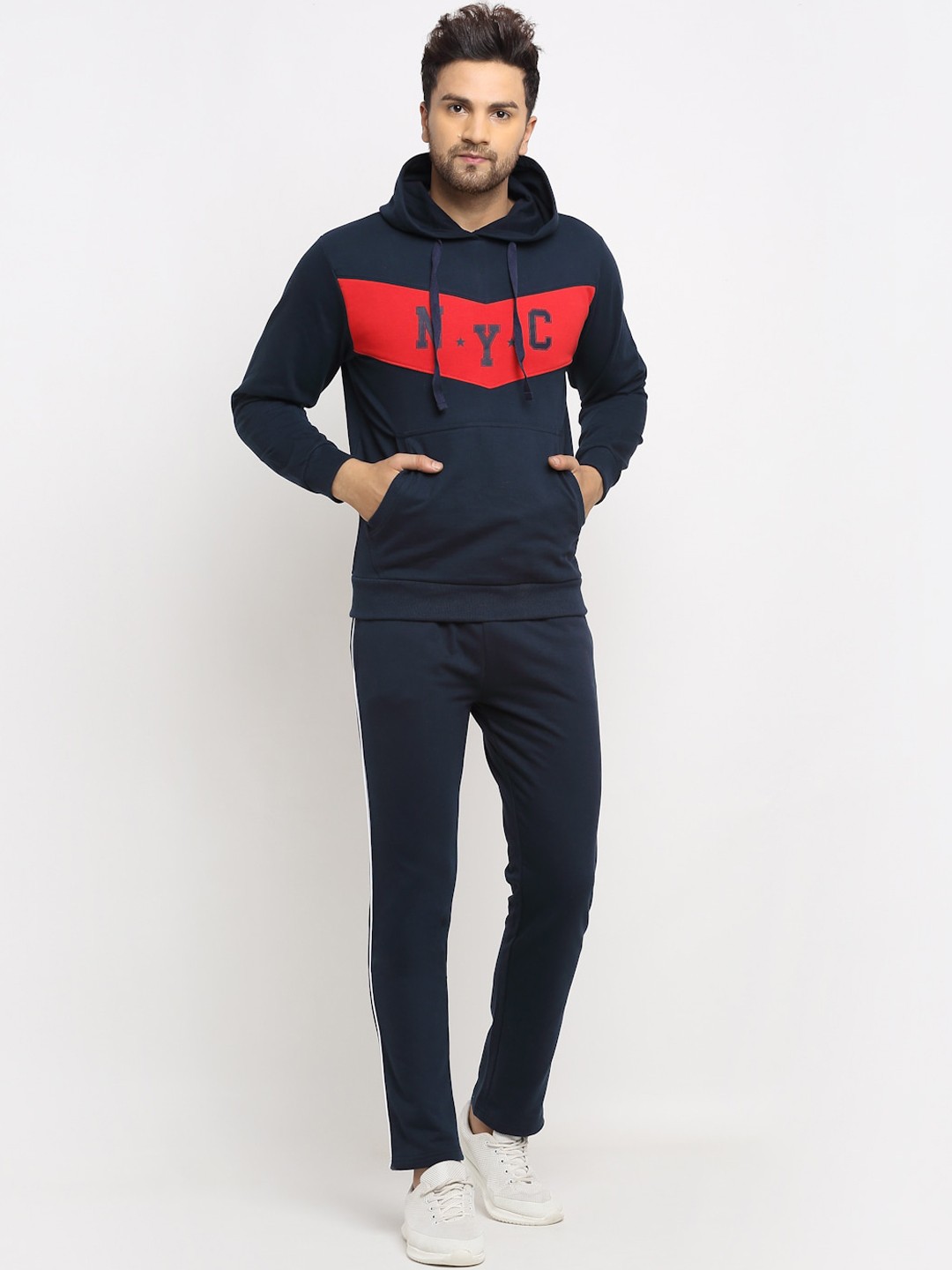 

WILD WEST Men Navy Blue & Red Fleece Hooded Zipper Tracksuit