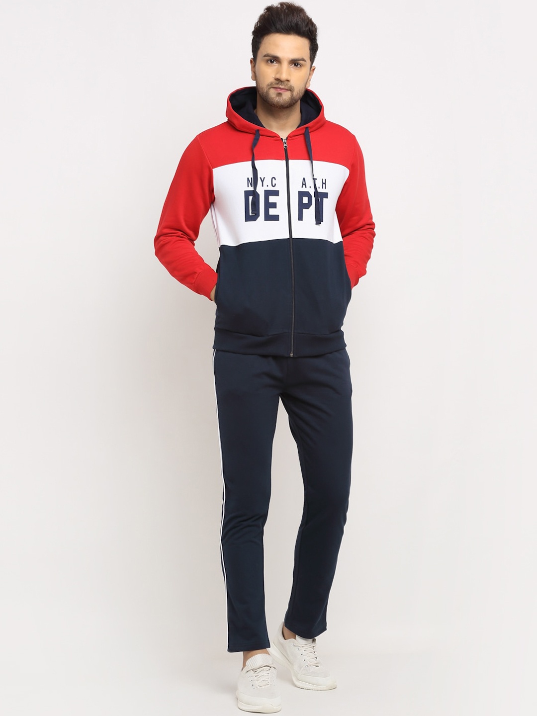 

WILD WEST Men Navy Blue & Red Colourblocked Cotton Tracksuits