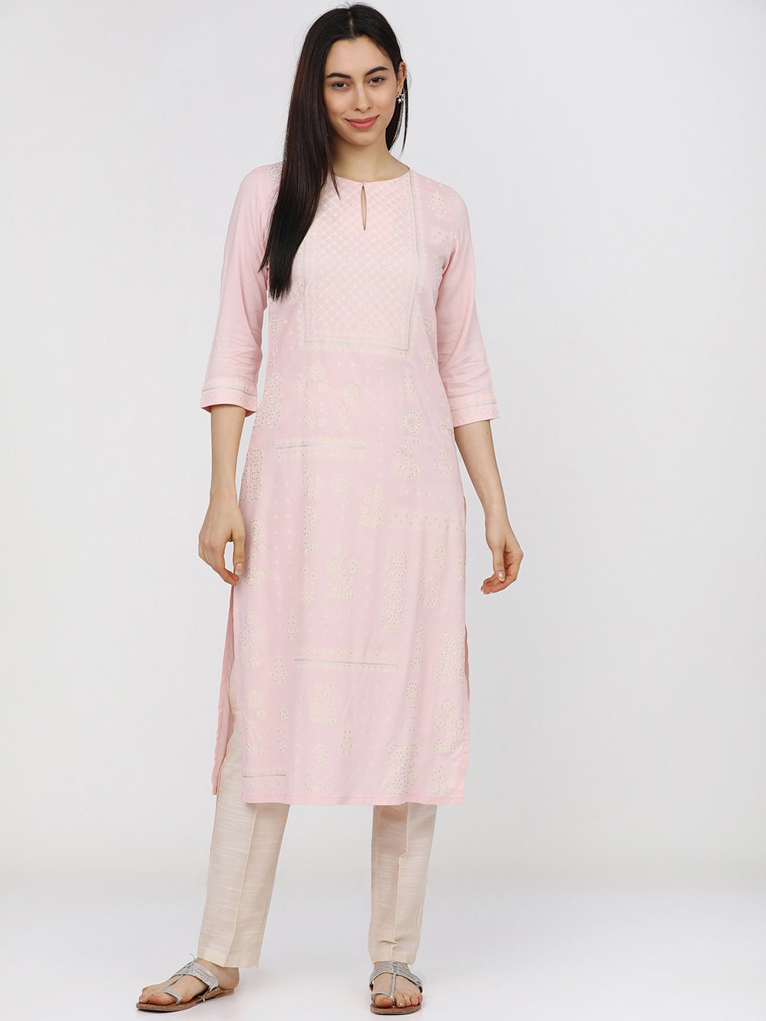 

Vishudh Women Pink Keyhole Neck Thread Work Kurta