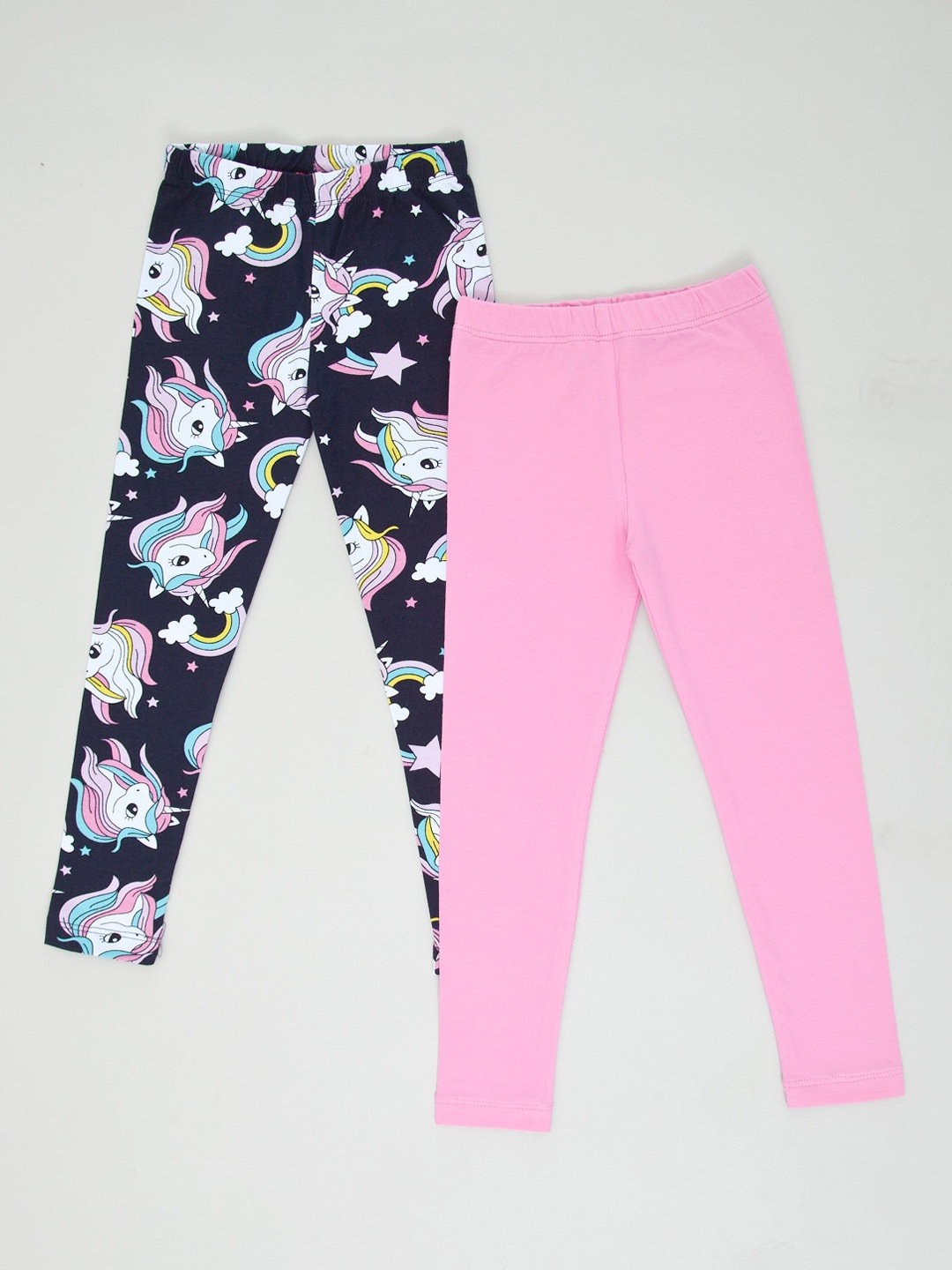 

pspeaches Girls Pack Of 2 Navy Blue & Pink Cotton Ankle-Length Leggings, Multi