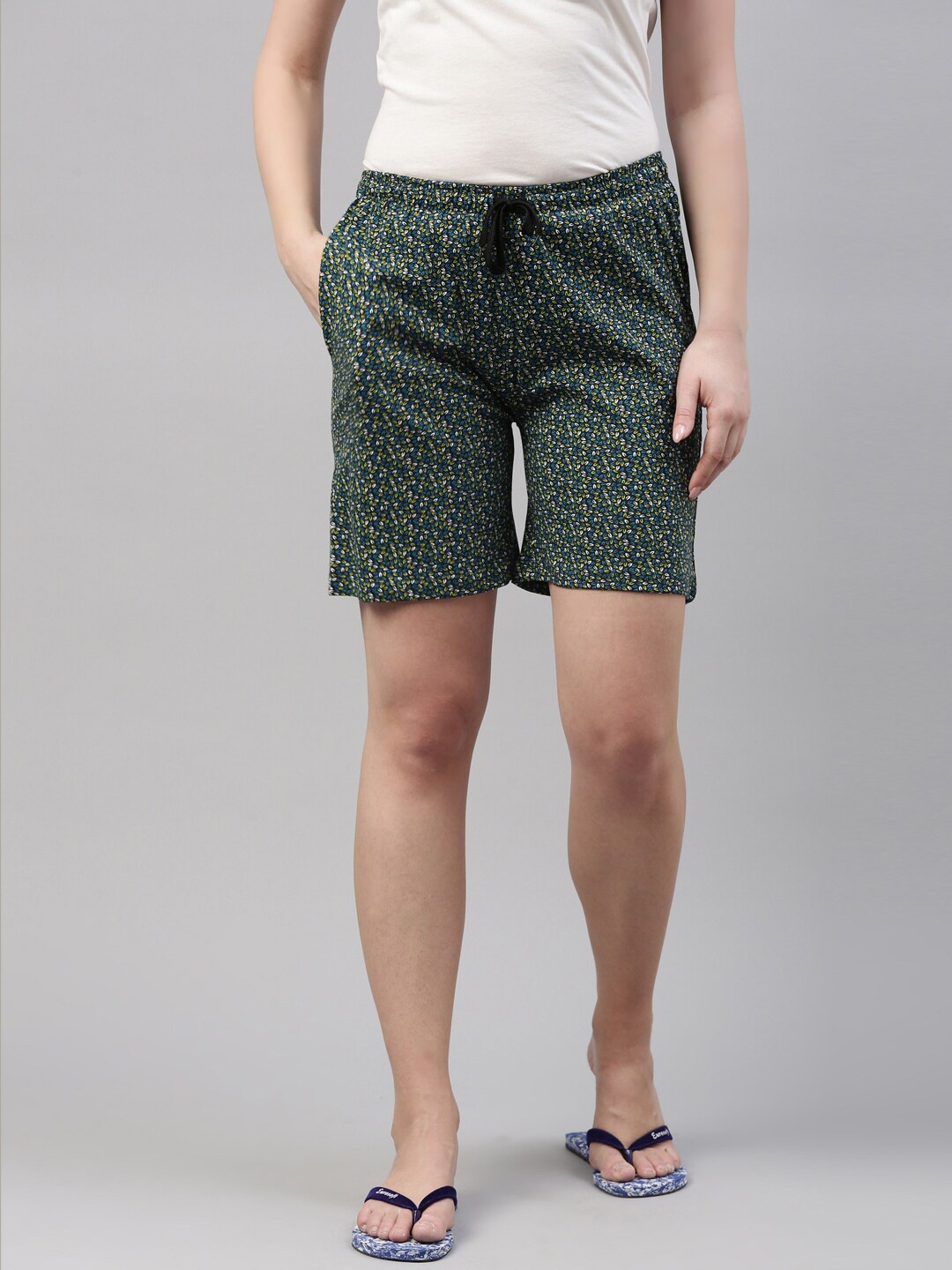 

Kryptic Women Black & Green Cotton Printed Lounge Shorts