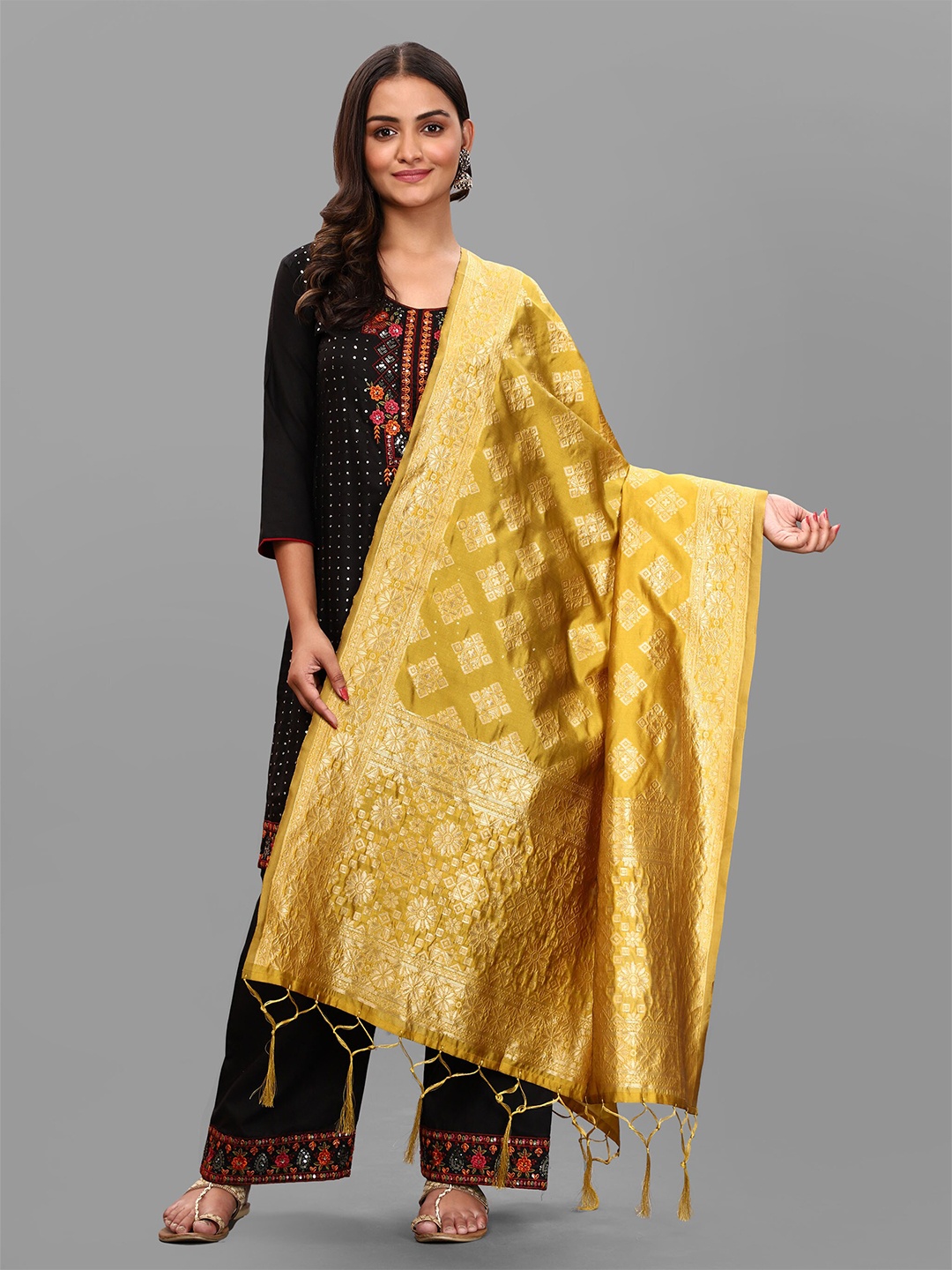 

DIVASTRI Yellow & Gold-Toned Woven Design Art Silk Dupatta with Zari