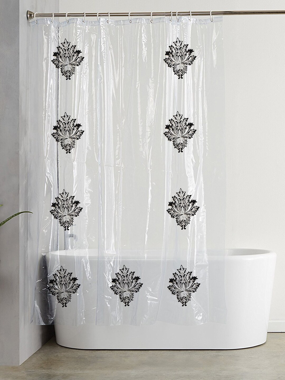 

Kuber Industries Transparent & Black Printed Shower Curtain With Hooks