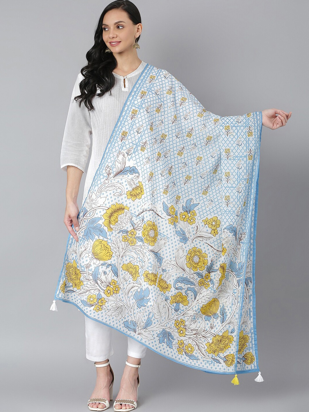 

QOMN Blue & White Printed Pure Cotton Dupatta