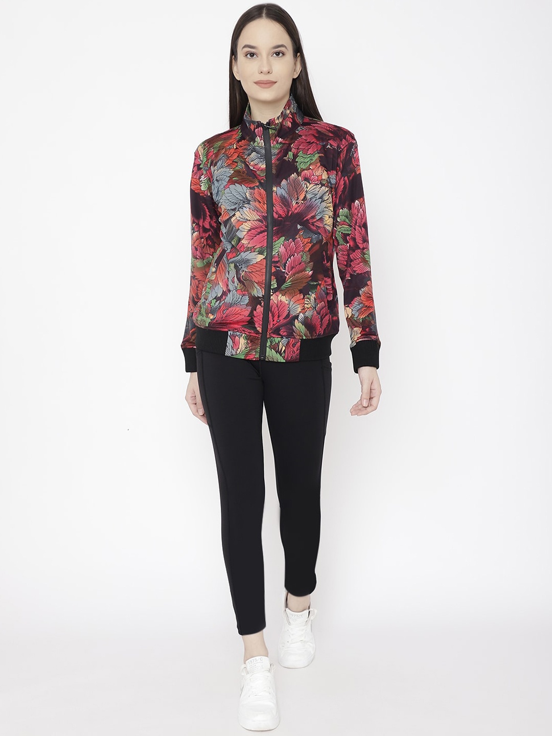 

CHKOKKO Women Grey & Red Printed Sports Tracksuit