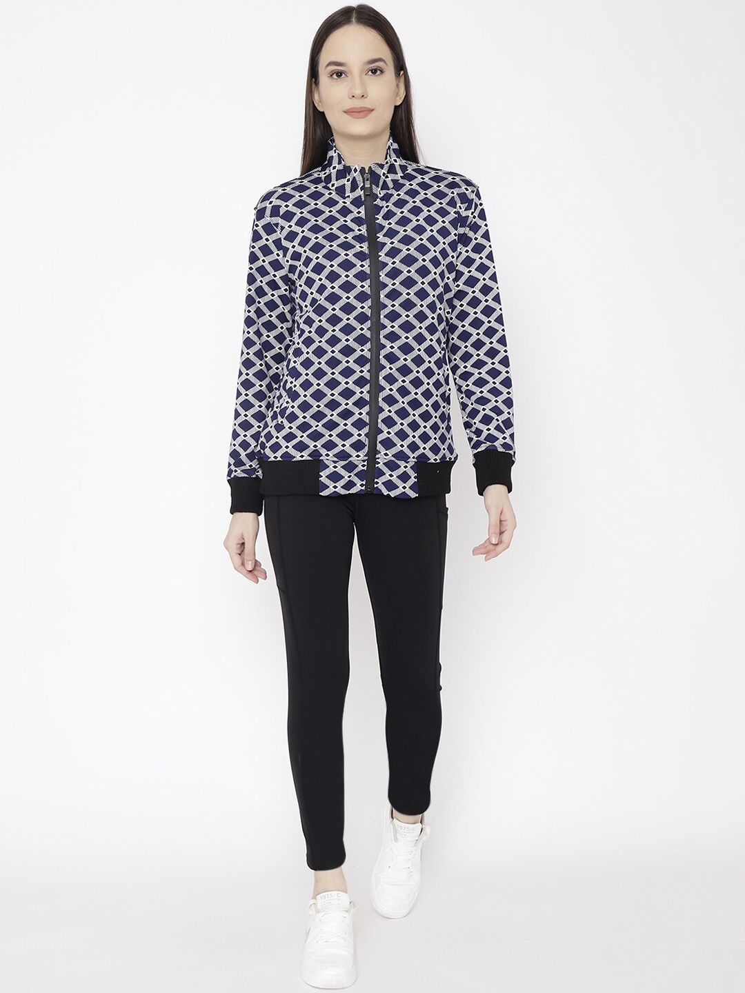 

Chkokko Women Navy Blue & White Geometric Printed Tracksuit