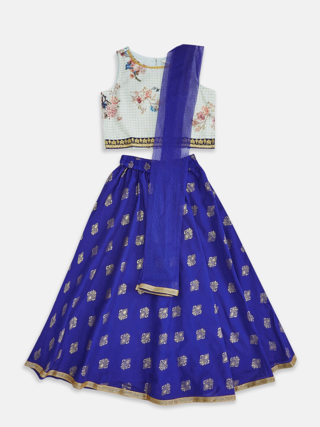 

AKKRITI BY PANTALOONS Girls Blue & Gold-Toned Embellished Ready to Wear Lehenga & Blouse With Dupatta