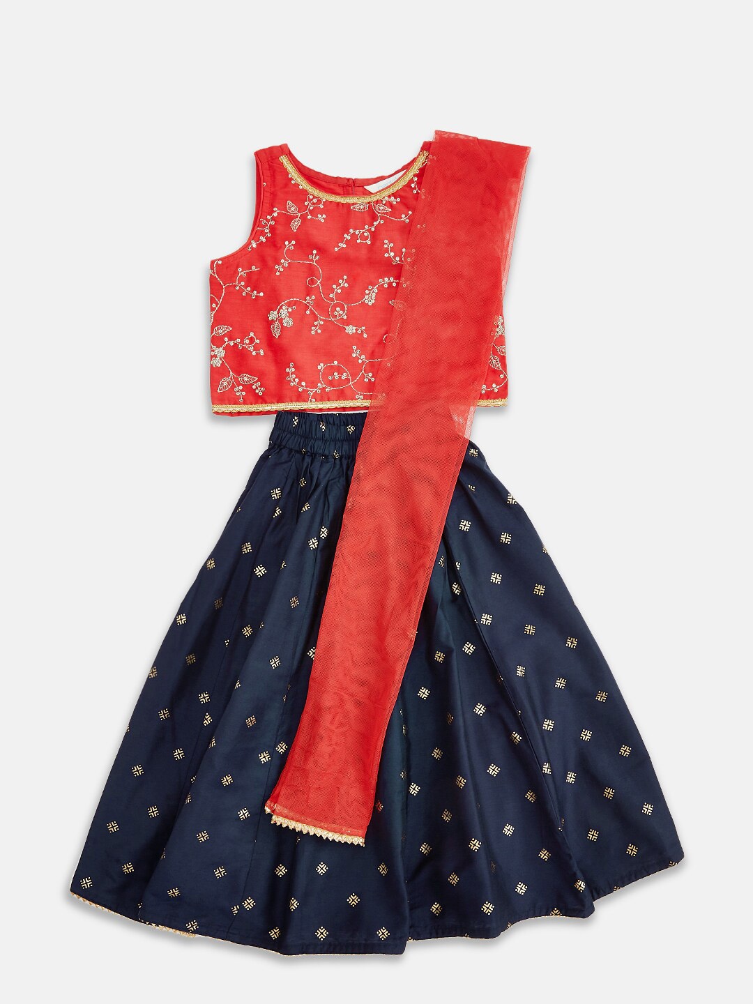 

AKKRITI BY PANTALOONS Girls Red & Navy Blue Embroidered Lehenga Choli with Dupatta
