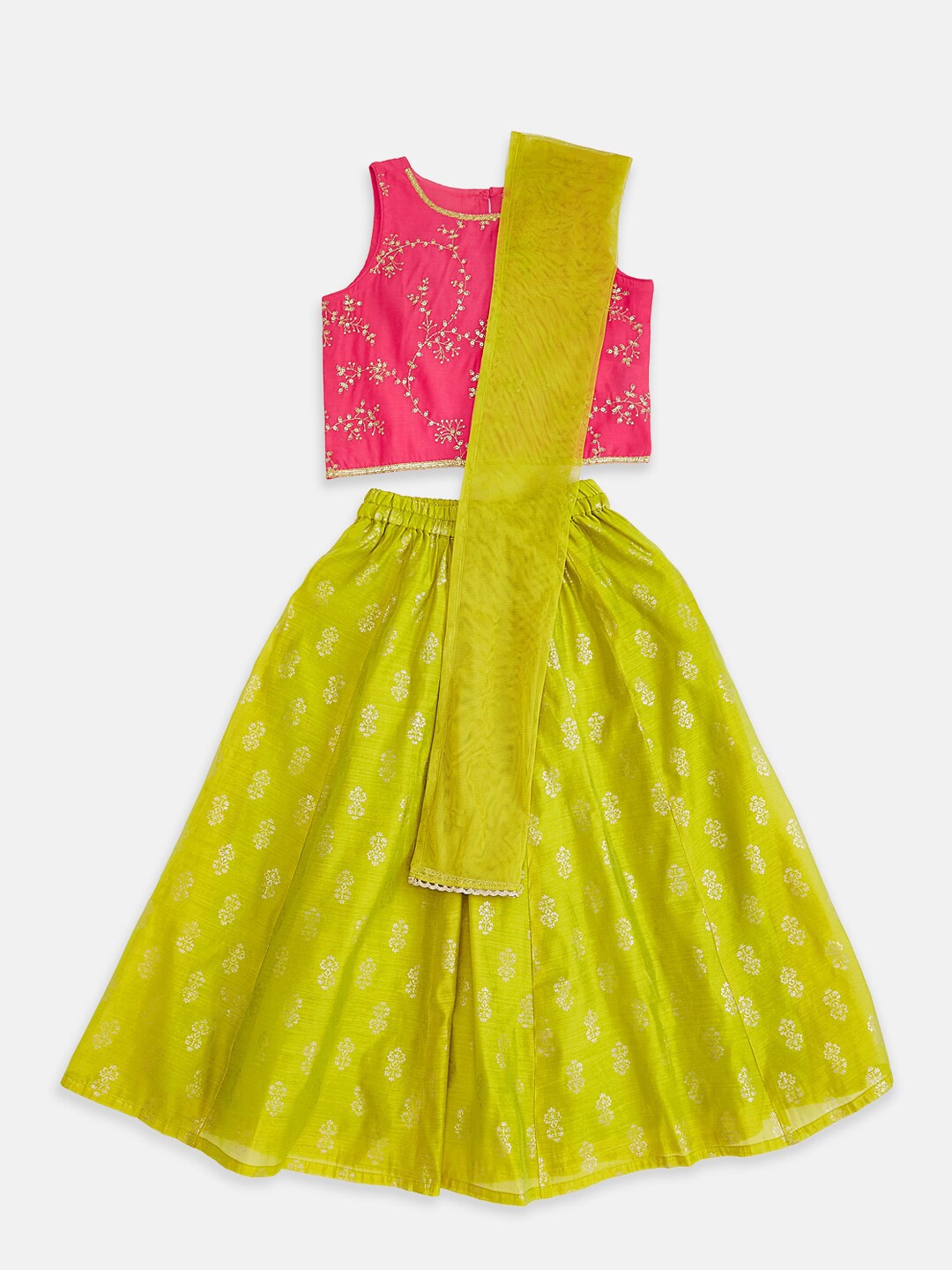 

AKKRITI BY PANTALOONS Girls Pink & Green Embroidered Ready to Wear Lehenga & Blouse With Dupatta