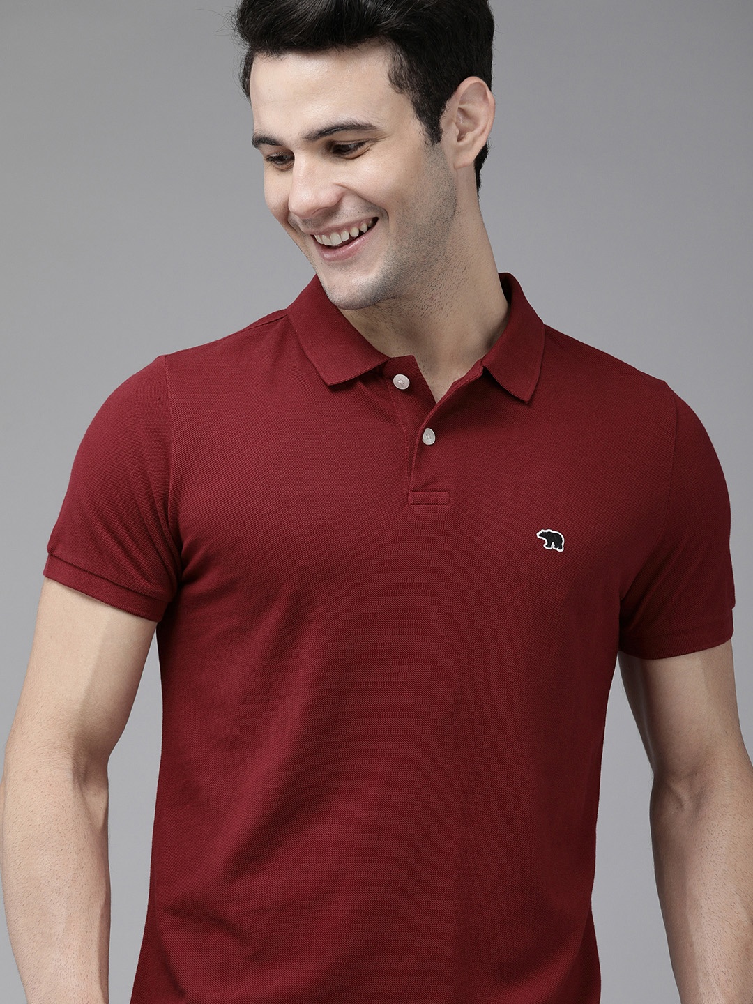 

THE BEAR HOUSE Men Burgundy Overdyed Polo Collar Pure Cotton Slim Fit T-shirt