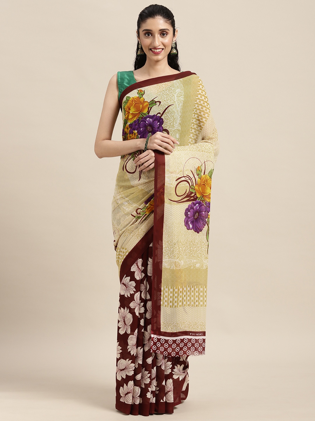 

KALINI Beige & Maroon Floral Saree